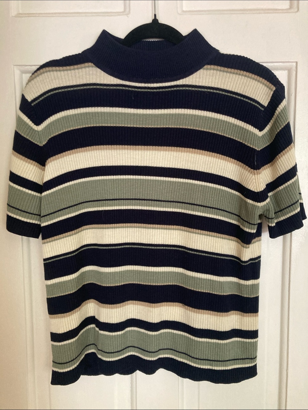 Croft & Barrow Striped Ribbed Mock Neck Top in Navy, Cream & Olive
